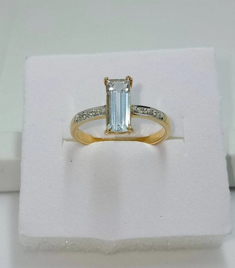 14k Gelbgold Natürlich Blau Aquamarin Und Diamanten Solitär Verlobungsring - Bild 1 von 4