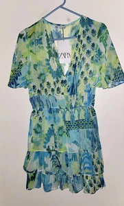 ZARA Minikleid Gr. L Blumen Crinkle Stufen Boho Fee Cottagecore Prärie NEU - Bild 1 von 3