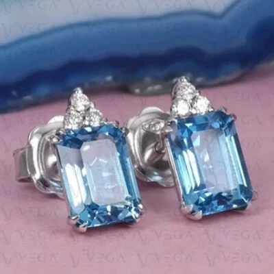 Pendiente de topacio natural y diamantes talla esmeralda de 4,50 quilates enchapado en oro blanco de 18 k Foto 1 de 4