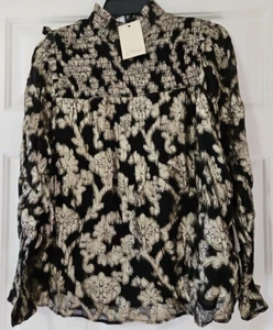 Elan Metallic Floral Print ruching at chest & wrist S Black Gold L/S NWT - Picture 1 of 10