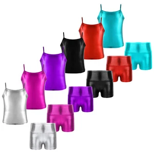 Kids Girls Camisole And Shorts Set Cheerleading Dance Dancewear Glittery Yoga - Picture 1 of 69