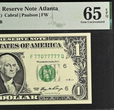 2006 $1 Federal Reserve Note PMG 65EPQ - Near Solid Serial Number 77077777 - Image 1 of 3