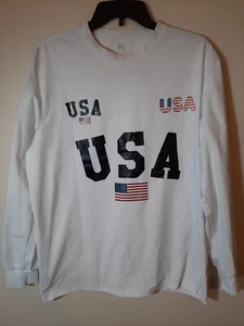 USA Flag Spellout Graphic T Shirt Mens Large White Long Sleeve New flawed--Low$ - Picture 1 of 3