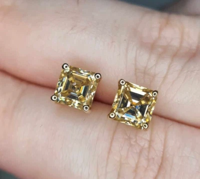 Aretes solitarios de diamantes champán certificados tratados de 4 quilates, plata 925 Foto 1 de 4