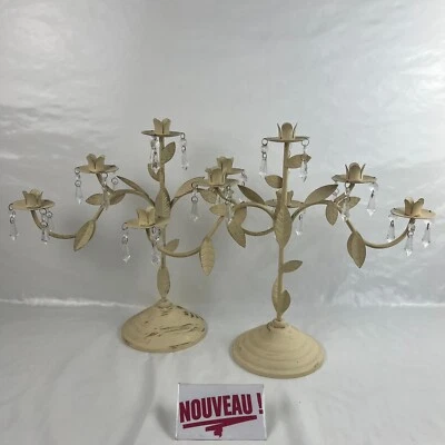 ➜PAIRE DE BOUGEOIRS/CHANDELIERS à 5 feux candélabres blancs en métal/fer vintage - Photo 1/4
