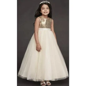 David's Bridal Heart Back Sequin and Tulle Gown Gold and Ivory Girls 10 ASIS - Picture 1 of 8