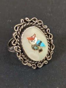 Vintage Shell Inlay Ring Owl Bird Signed LC Silver Colored Scroll Size 8 Artisan