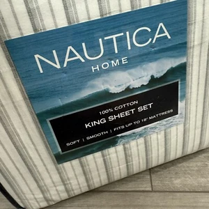 Nautica Aevery Stripe 4-Piece King Sheet Set Gray 100% Cotton Percale NEW - Picture 1 of 4