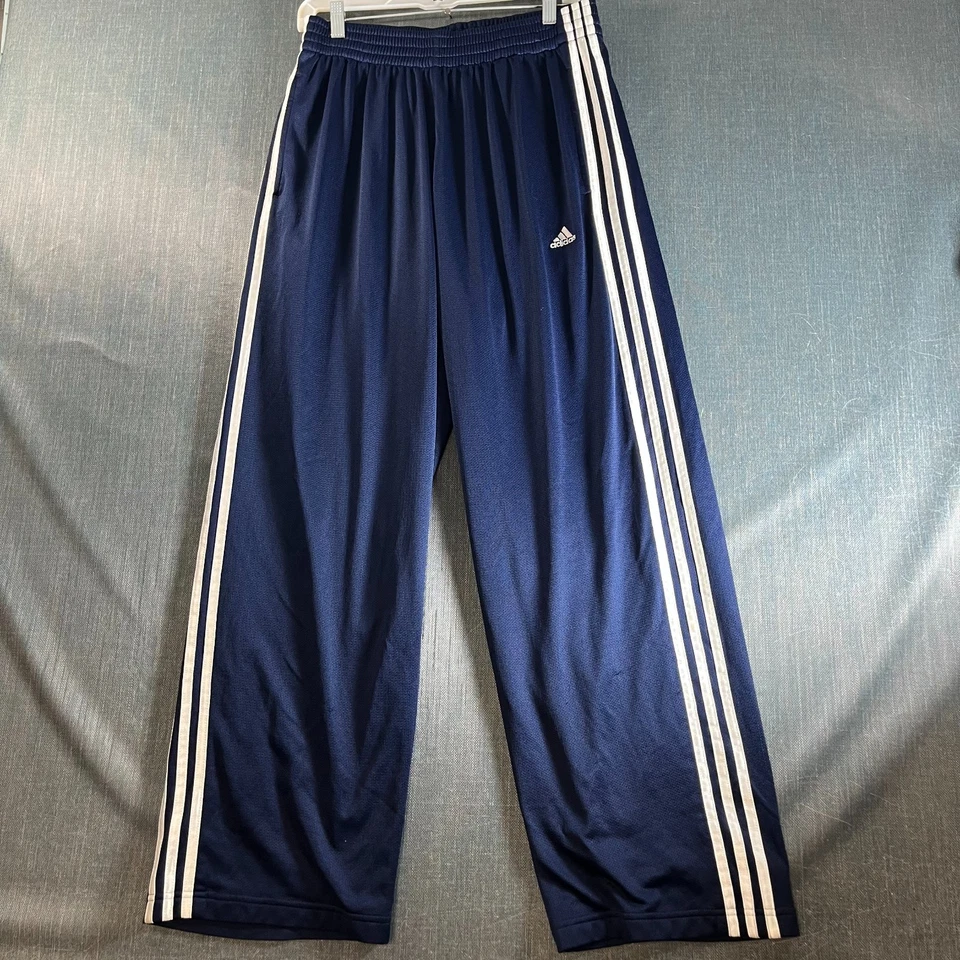 Adidas Men's Track Pants Size L Blue White 3-Stripe Mesh Athletic Warmup Relaxed - Image 1 of 4