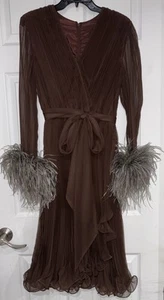 Vintage Jack Bryan Brown Chiffon Dress Long Sleeve w/Ostrich Feather Cuffs Sz 12 - Picture 1 of 6
