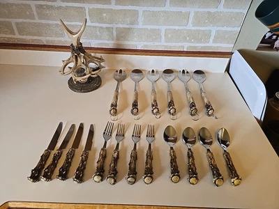 Faux Antler Handle Stainless Flatware Set 12 + 6 Serving & Barglass Holder Cabin - Image 1 of 4