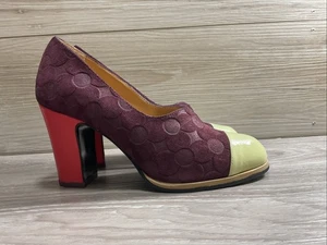 John Fluevog Iris Attic Patent Toe Heel Pumps Suede Flowers Womens 6 Purple - Picture 1 of 11