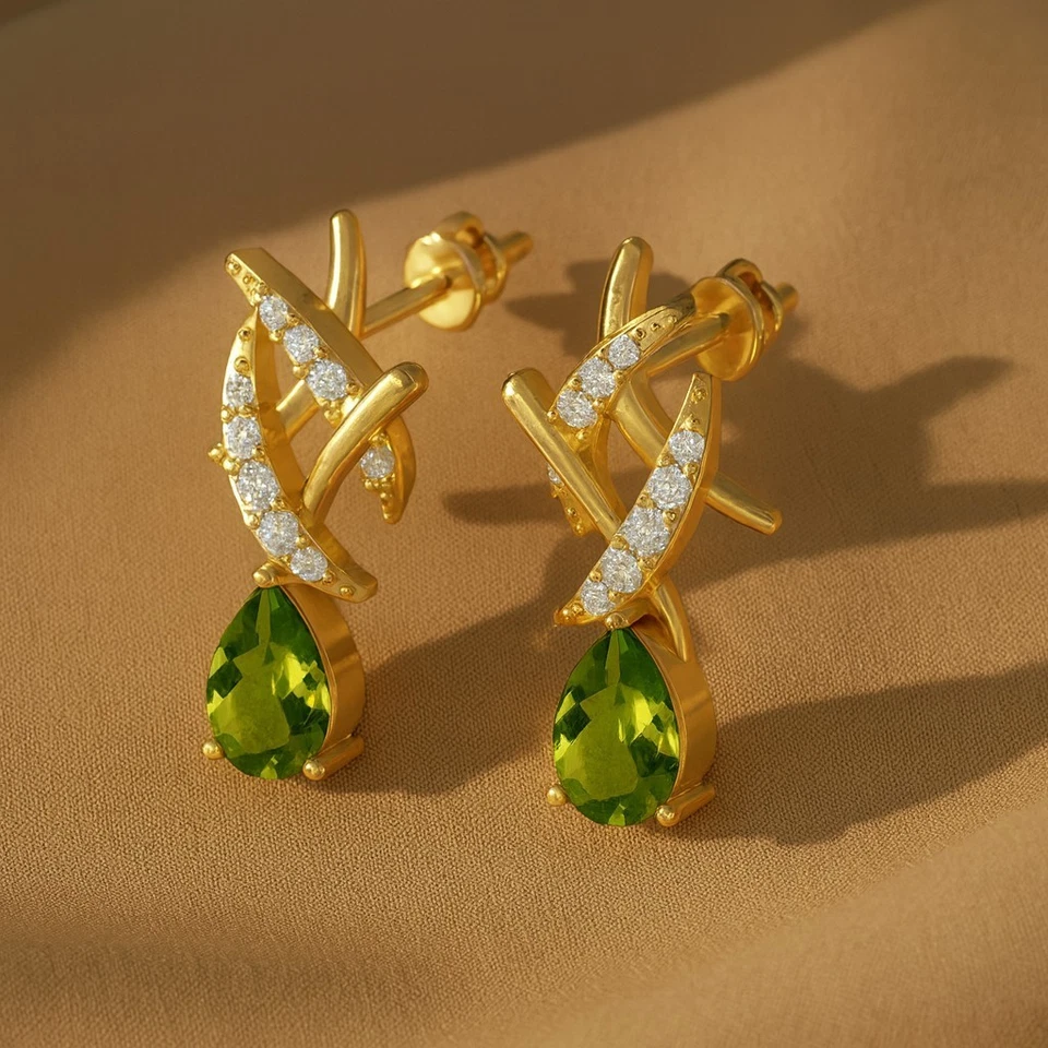 Peridot & Diamond Drop Earrings in 14k Gold August Birthstone # 1030 - Image 1 of 1