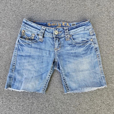 Pantalones Cortos Grace in LA Mujer 3 25 Azul Denim Embellecido Desgastado Estrás Jean Foto 1 de 4