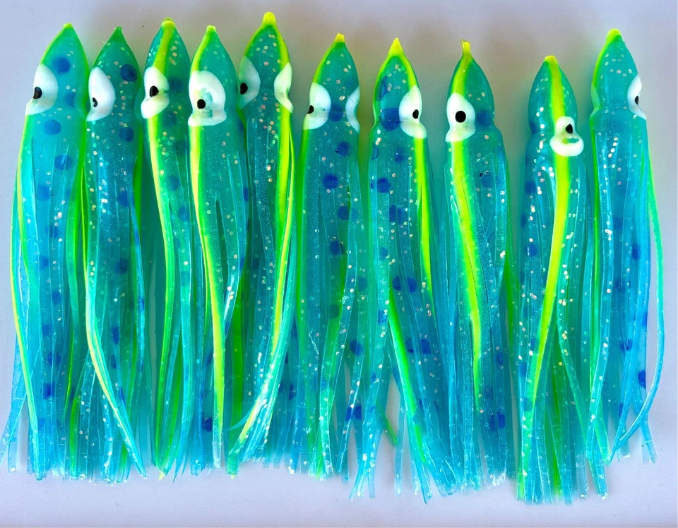 Pkg of 20 each 4.5" Squid Skirts (Hoochies)/Blue w/Blue Dot & Neon Stripe Glow - Image 1 of 3
