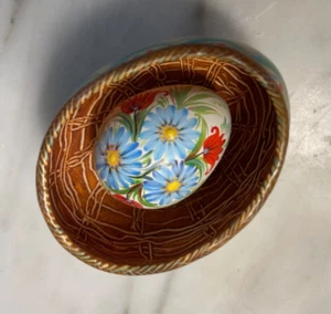 Uovo doppio pasquale vintage Pysansky dipinto a mano vero soffiato in uovo oro fiori blu - Foto 1 di 7