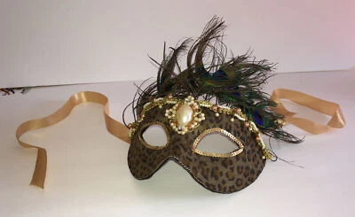 HARLEQUIN MASQUARADE MASK ~  women's  Half Mask~ Peacock feathers beads sequins - Image 1 of 4