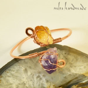 Women's Natural Amethyst Citrine Point Crystals Copper Cuff Vintage Bracelet - Picture 1 of 4