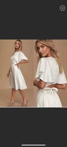 Lulus Midikleid weiß gepunktet geprägt Satin rückenfrei M Hochzeit Gast Fee - Bild 1 von 7
