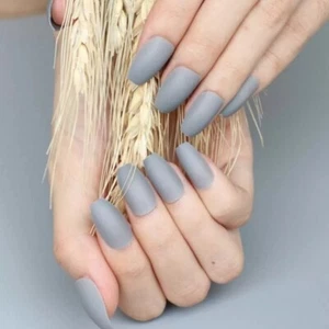 24 Ghostly Gray Matte Nails Kit With Glue Medium Coffin Goth Ethereal - Picture 1 of 4