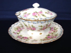 CH Field Haviland Covered Condiment Bowl w/Plate Roses Blue Swags Gold Trim - Picture 1 of 13