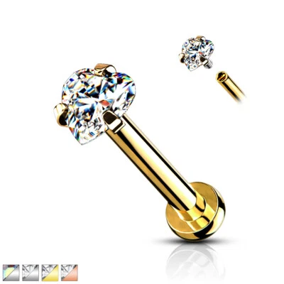 Heart CZ Prong Set Surgical Steel Internal Threaded Labret Cartilage Piercing - Image 1 of 4