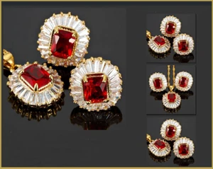 CADENA COLGANTE Y PENDIENTES PRECIOSO DE ORO LAMINADO ROJO RUBÍ Y CIRCONIO - Imagen 1 de 3