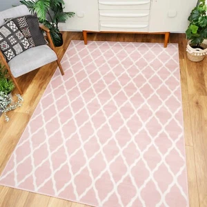 Blush Rosa Rankgitter Teppich Klein Groß Marokkanisch Wohnzimmerteppich Lang Flur Läufer - Bild 1 von 13