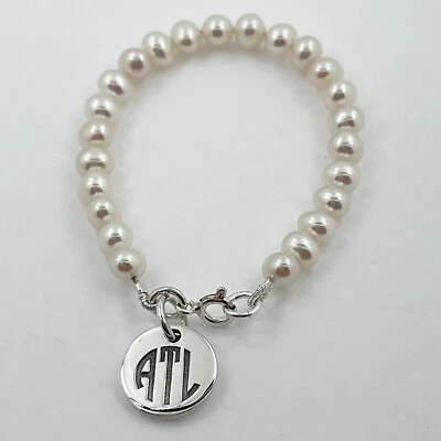 Sterling Silver Cultured Freshwater Pearl Child 5.5" Bracelet with Engraving - Image 1 of 2