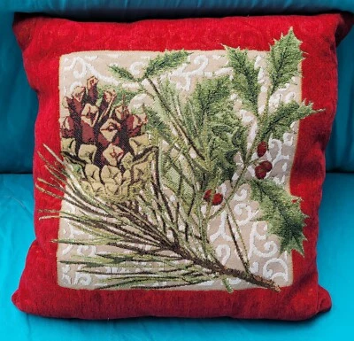 Tapestry Throw Pillow Holly Pine Cone Branches Christmas Red Decoration Sofa - Image 1 of 4