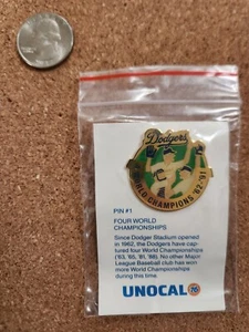 Vintage Los Angeles Dodgers Unocal 76 Lapel Pin #1 FOUR WORLD CHAMPIONSHIPS - Picture 1 of 1
