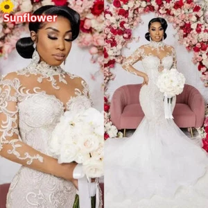 Gorgeous Wedding Dresses illusion Neck Mermaid Sweep Train Bridal Gowns Custom - Picture 1 of 12