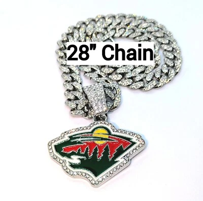 COLAR MINNESOTA WILD GEM Prata Bling NHL Team Hip Hop Pingente e Corrente 28" - Imagem 1 de 3