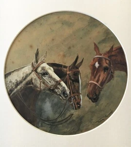 Antique Victorian Gouache Watercolor Portrait Of 3 Horses Signed 19th RARE - Picture 1 of 7