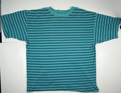Vintage Dual Image Striped Men’s T-Shirt Large Teal Blue Single Stitch Made USA - Image 1 of 4