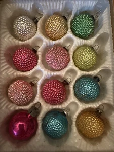 Lot VTG Glass 1" Bumpy BALL Feather Tree Mini Christmas Ornament  Box Japan - Picture 1 of 5