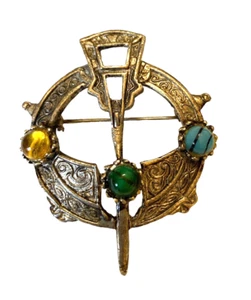 Keltische Brosche mit Schwert silberfarben & 3 bunten Cabochon Strass Vintage - Bild 1 von 9