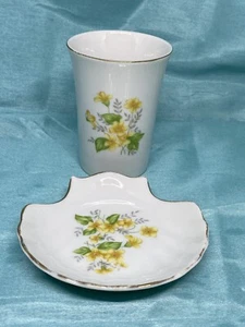 Vanity soapdish and matching tumbler yellow floral vintage porcelain - Picture 1 of 5