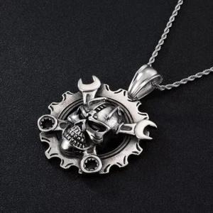 Mechanical Wrench Gear Skull Stainless Steel Unisex Necklaces Pendant - Picture 1 of 6