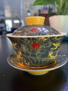 Chinesischer Königsdrache Keramik Porzellan Teetassen mit Deckel & Untertasse Qing Dynastie - Bild 1 von 5