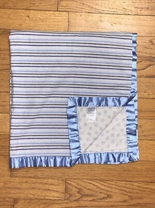 Child of Mine Blue Brown Stripe/Paw Print Flannel Baby Blanket Satin Trim - Picture 1 of 5