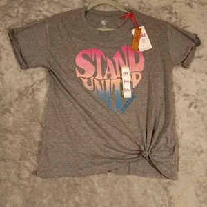 Justice Heart Top Girls Size XL 16-18 Stand United Short Sleeve Shirt Gray - Picture 1 of 6