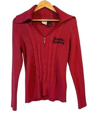 Harley Davidson свитер женщины большой красный вязаный ребристый капот водолазка половина молнии - Изображение 1 из 4