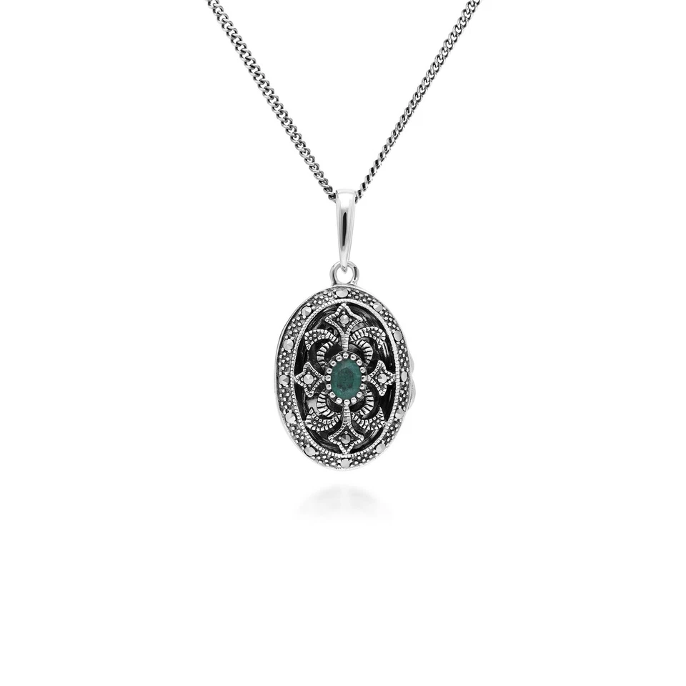 Art Nouveau Stile Ovale Smeraldo E Marcasite Medaglione Collana IN Argento - Immagine 1 di 1