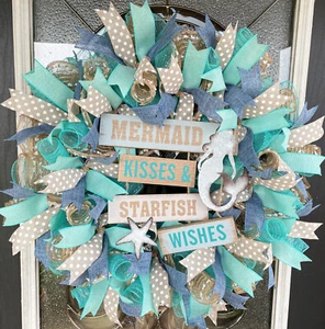 Mermaid Kisses Starfish Wishes Beach Summer Deco Mesh Wreath Decor Decoration - Picture 1 of 6