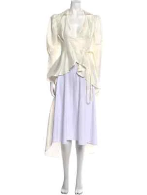 Aje Blouse Women Medium Neutrals Pleated Ruffle Plunge Neck Scarf Hem Long Back - Image 1 of 3