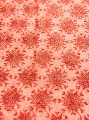 Coral Orange Sheer Embroidered Fabric | Sale by Half a Yard | Floral Motifs - Image 1 of 4