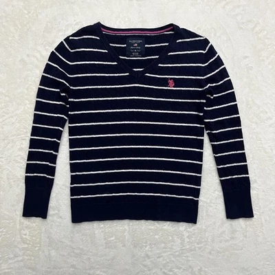 Suéter U.S. Polo Assn para mujer mediano azul marino blanco cuello en V tejido con cable logotipo a rayas Foto 1 de 4