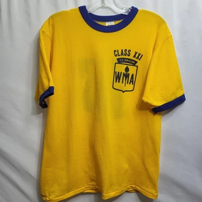Vtg 80s Russell Athletic WMA Ringer Waffle Weave T-Shirt Yellow Blue Large - Image 1 of 4