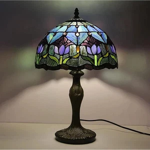 Tiffany Style Table Lamp Stained Glass Lamp Shade Purple Tulip Flower Reading De - Picture 1 of 6